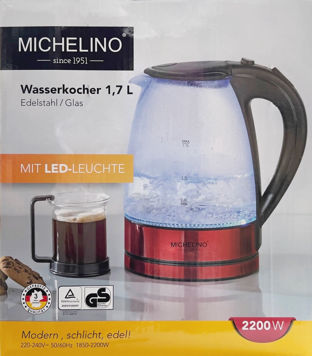Premium Michelino 74318 Electric Kettle 1.7L - Stainless Steel 2200W High-Power Water Boiler with Modern Black & Red Design for Fast Boiling & Daily Kitchen Use