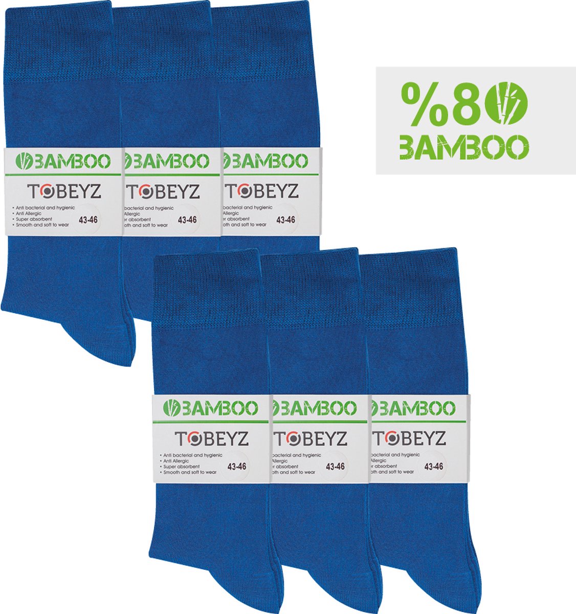 Tobeyz Premium Bamboo Socks 6 Pairs Blue Color Bamboo 80% Size 43-46 Ladies and Gentlemen Seamless Comfort