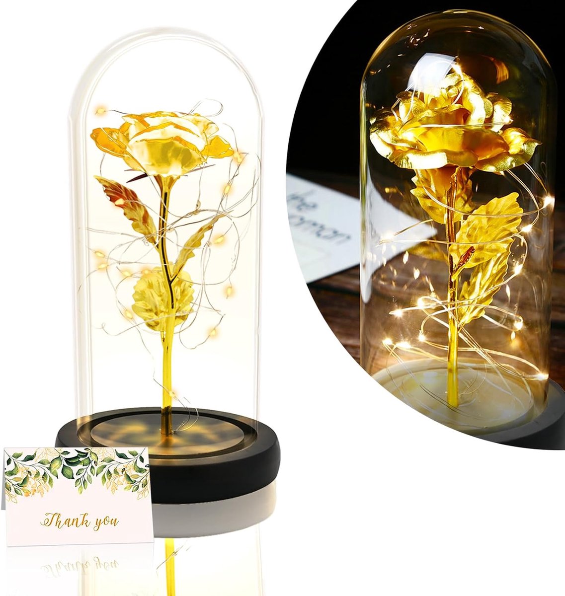Gold Eternal Rose in Glass Dome - LED Light Valentine's Day Gift
