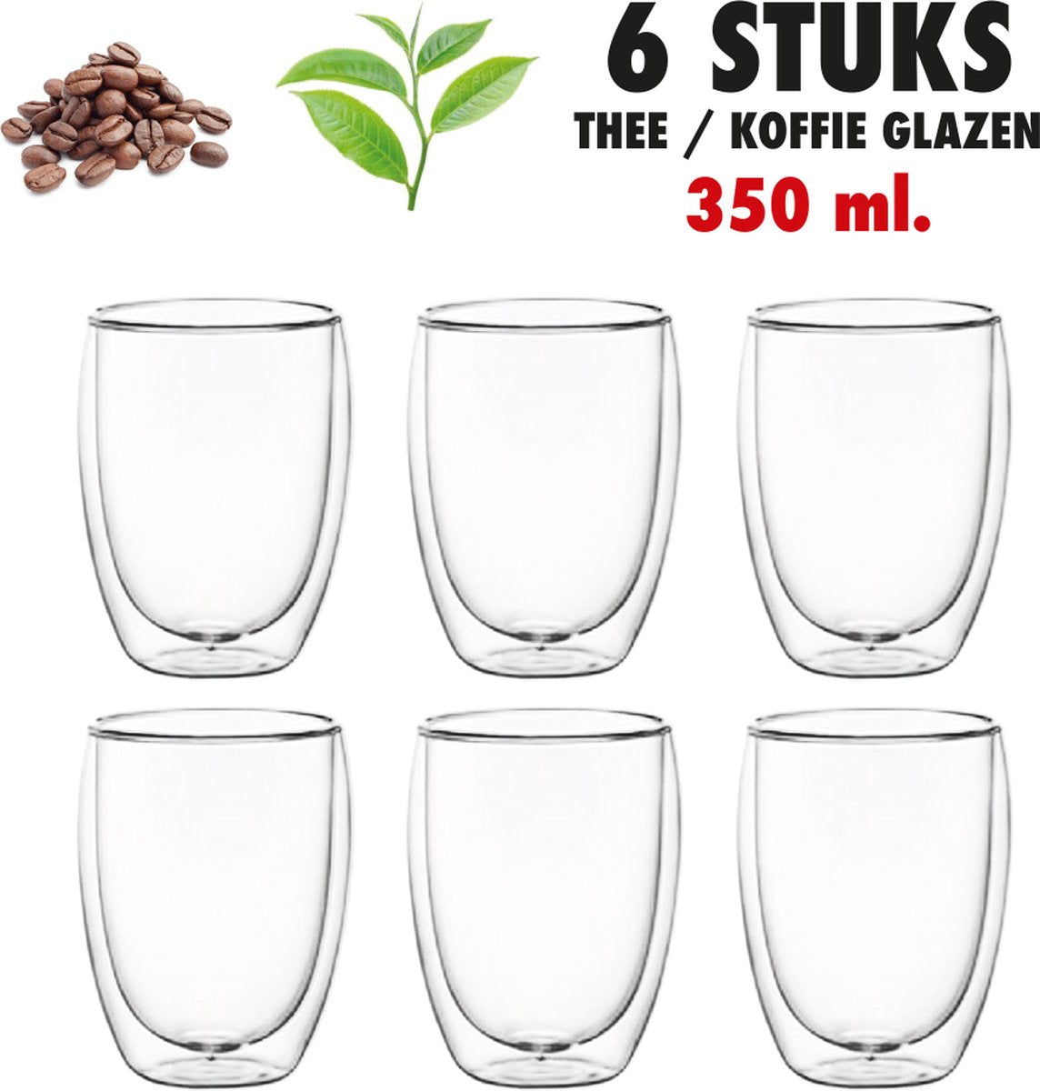 Premium 6-Piece Double-Walled Coffee Glasses Set 350ml - Borosilicate Glass Cappuccino Latte Thermal Insulated Drinking Glasses
