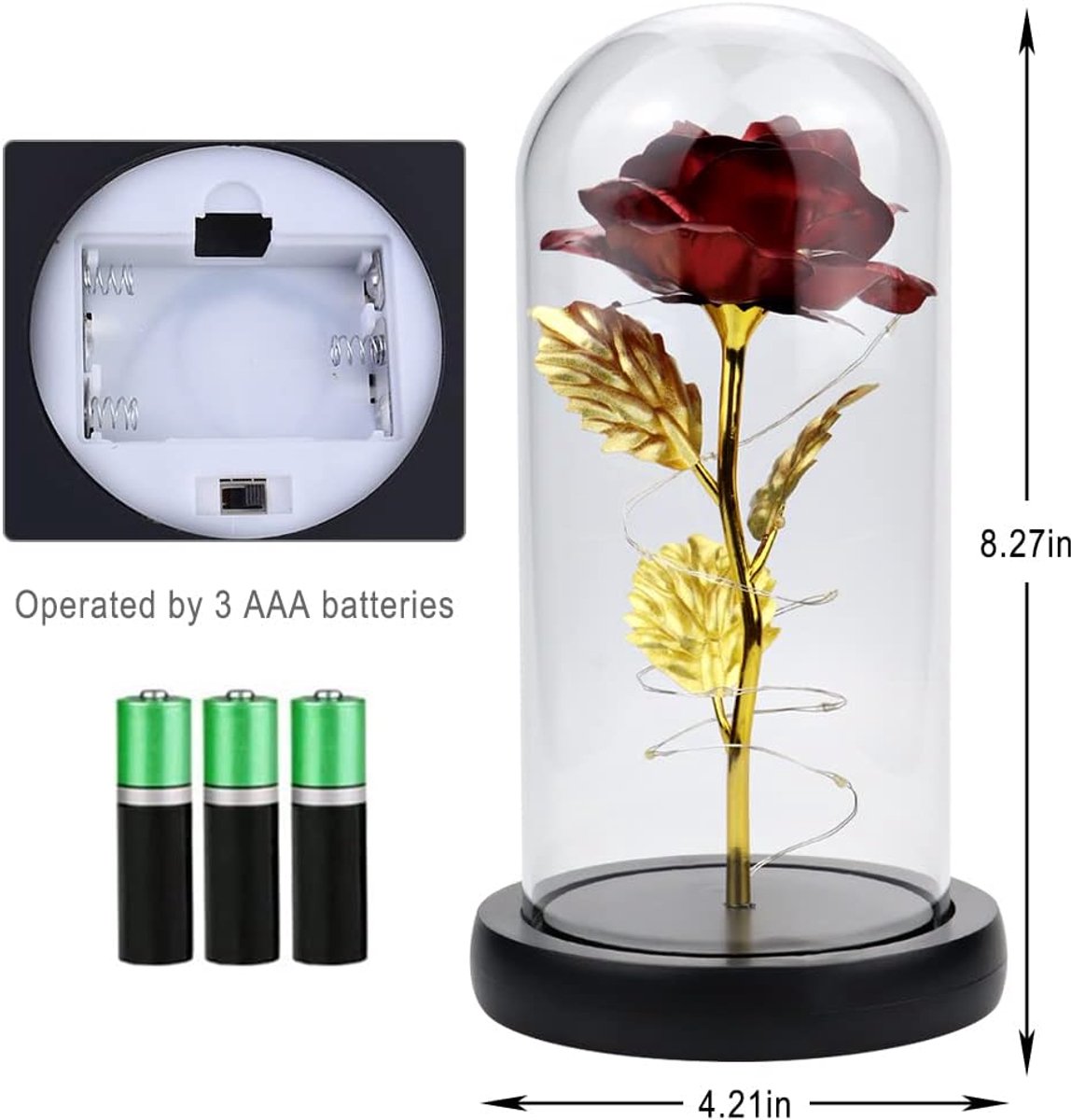 Red Eternal Rose in Glass Dome - LED Light Beauty & Beast Valentine's Gift