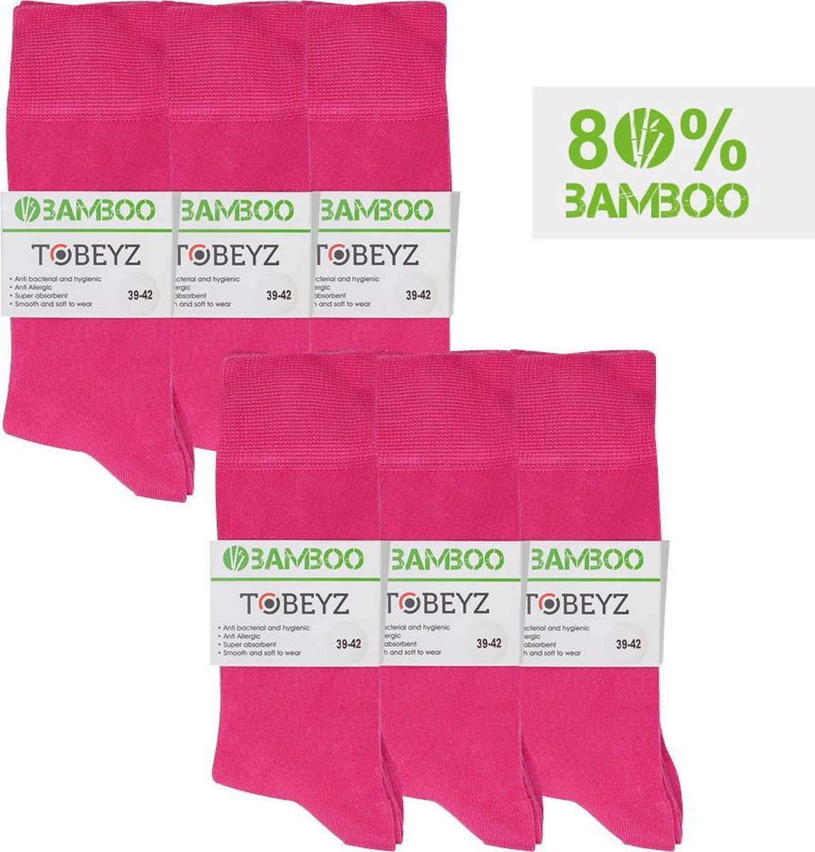 Tobeyz Premium Bamboo Socks 6 Pairs Pink Color Bamboo 80% Size 39-42 Ladies and Gentlemen Seamless Comfort