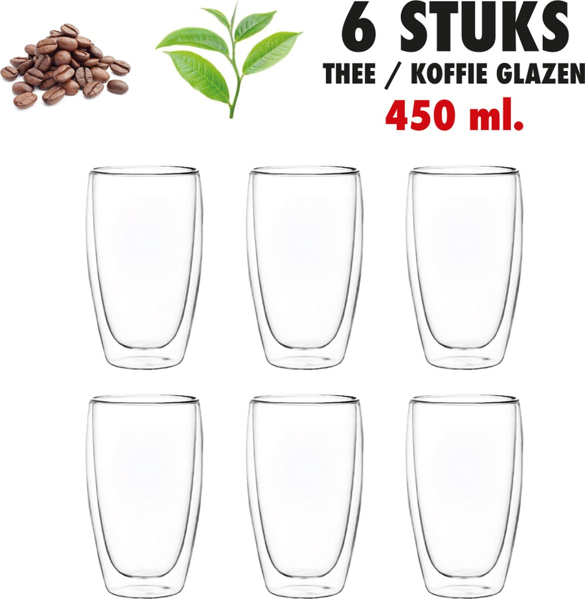6x Double-Walled Coffee Glasses 450ml Glazed Cappuccino Cup Latte Glass Double-Wall Tea Glass Premium Thermal Collection