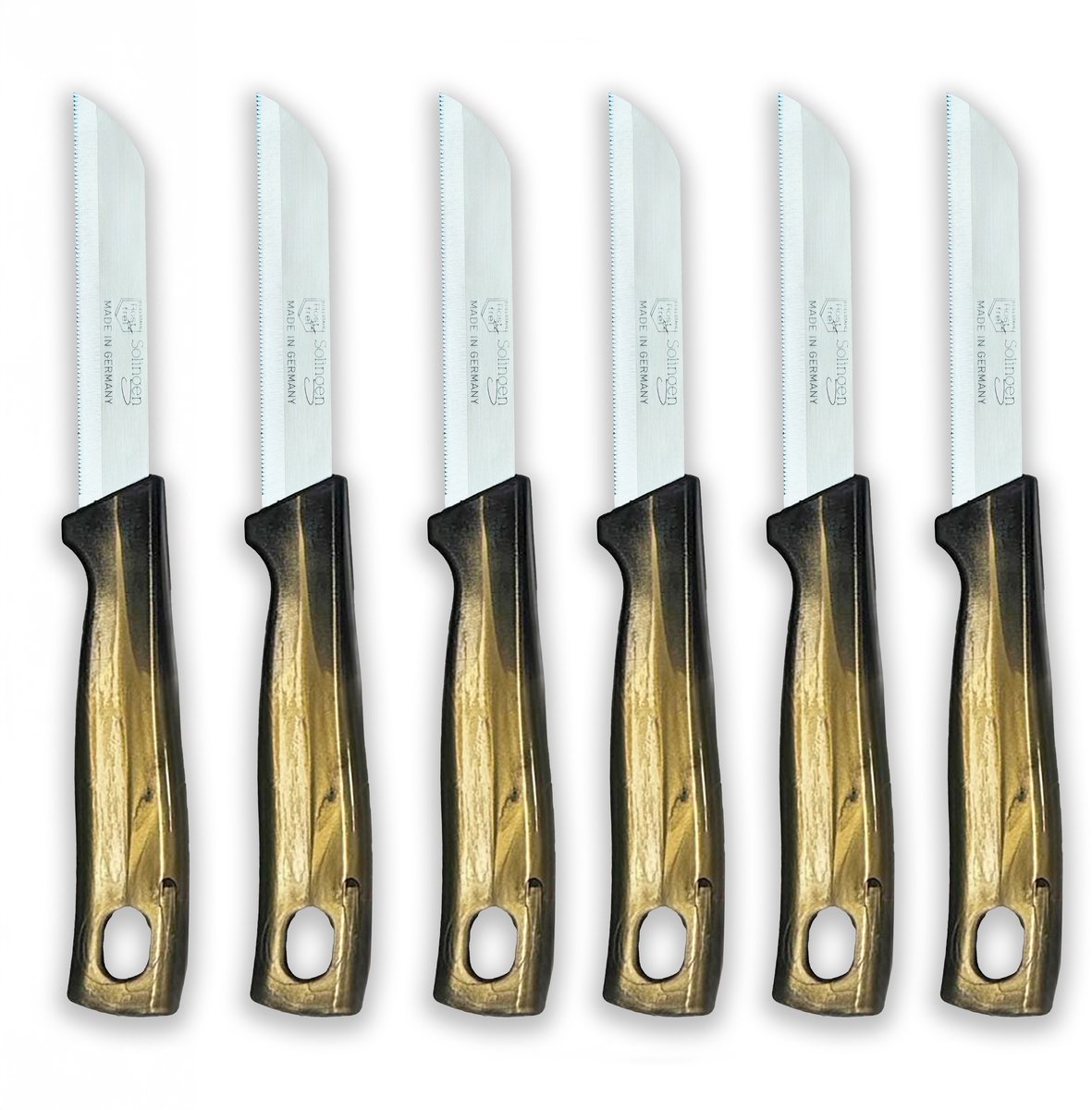 Solingen Serrated Knife Vegetable and Tomato Knife Gold 6 Pieces 18.5cm with Blade Cover Ergonomic Handle
