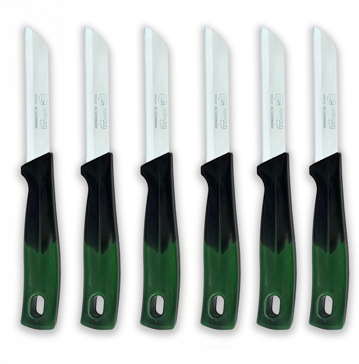 Solingen Serrated Knife Vegetable and Tomato Knife with Serration RVS 18.5cm with Blade Cover Ergonomic Handle Green Black 6 Pieces