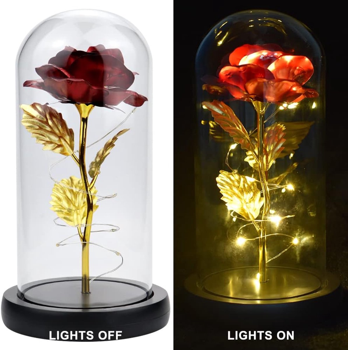 Red Eternal Rose in Glass Dome - LED Light Beauty & Beast Valentine's Gift