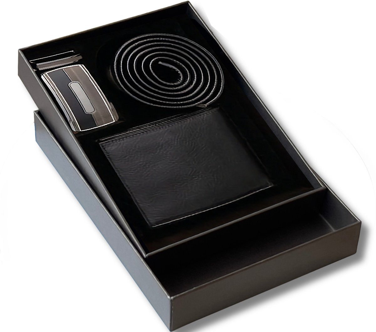 Premium Men's Leather Gift Set - Black Genuine Leather Wallet & Belt in Elegant Dark Brown Gift Box - Perfect Gift for Father's Day, Birthdays & Special Occasions