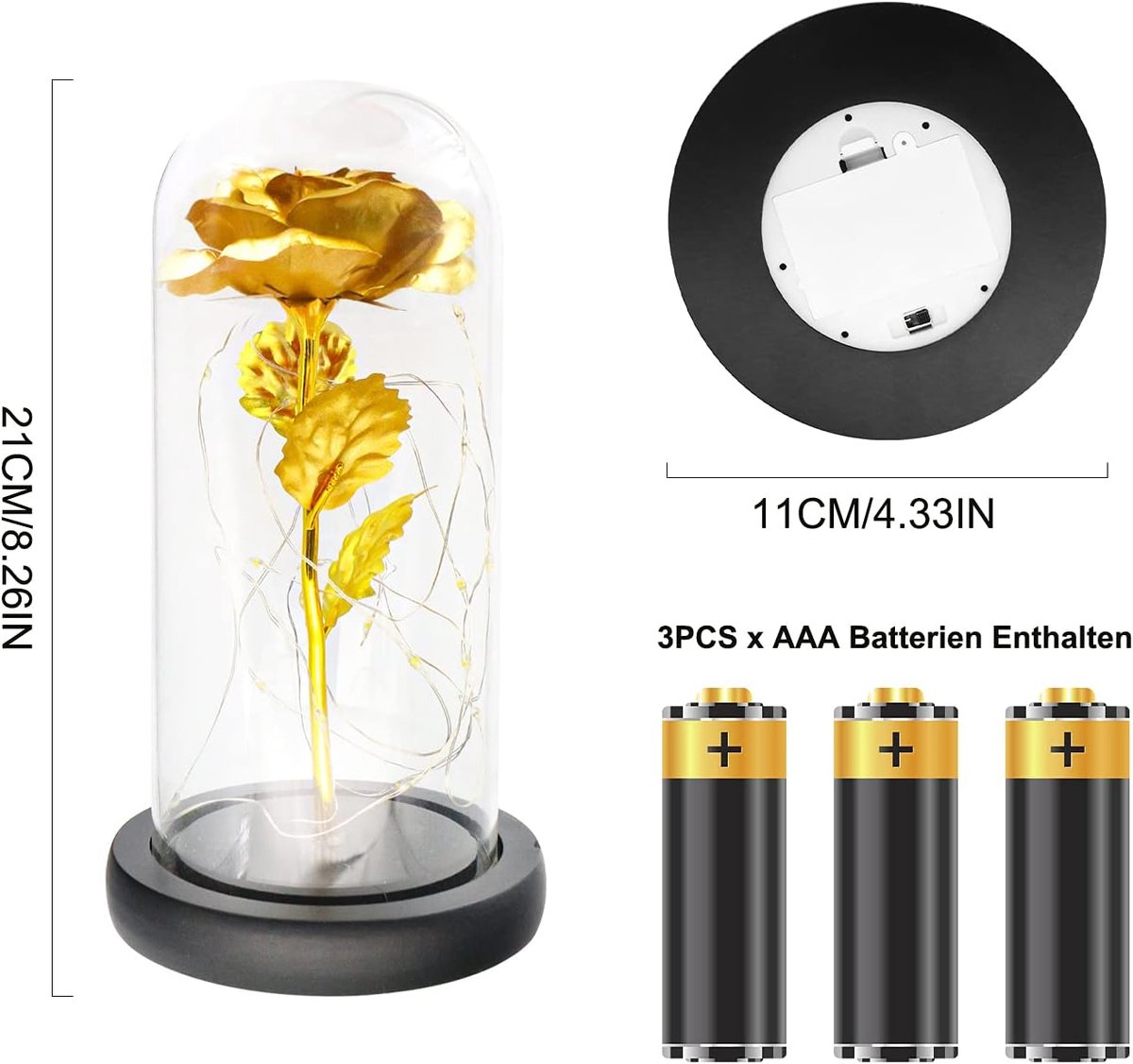 Gold Eternal Rose in Glass Dome - LED Light Valentine's Day Gift