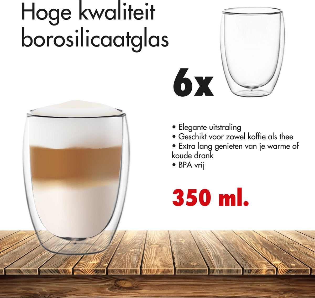 Premium 6-Piece Double-Walled Coffee Glasses Set 350ml - Borosilicate Glass Cappuccino Latte Thermal Insulated Drinking Glasses