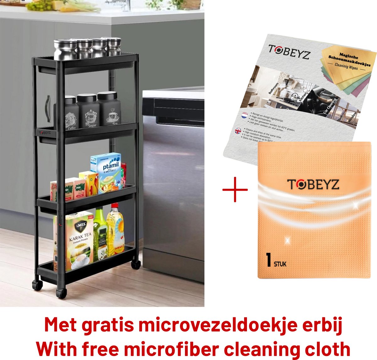 TOBEYZ Premium Slim Storage Trolley Black - 4-Tier Mobile Kitchen Bathroom Organizer Cart with Wheels