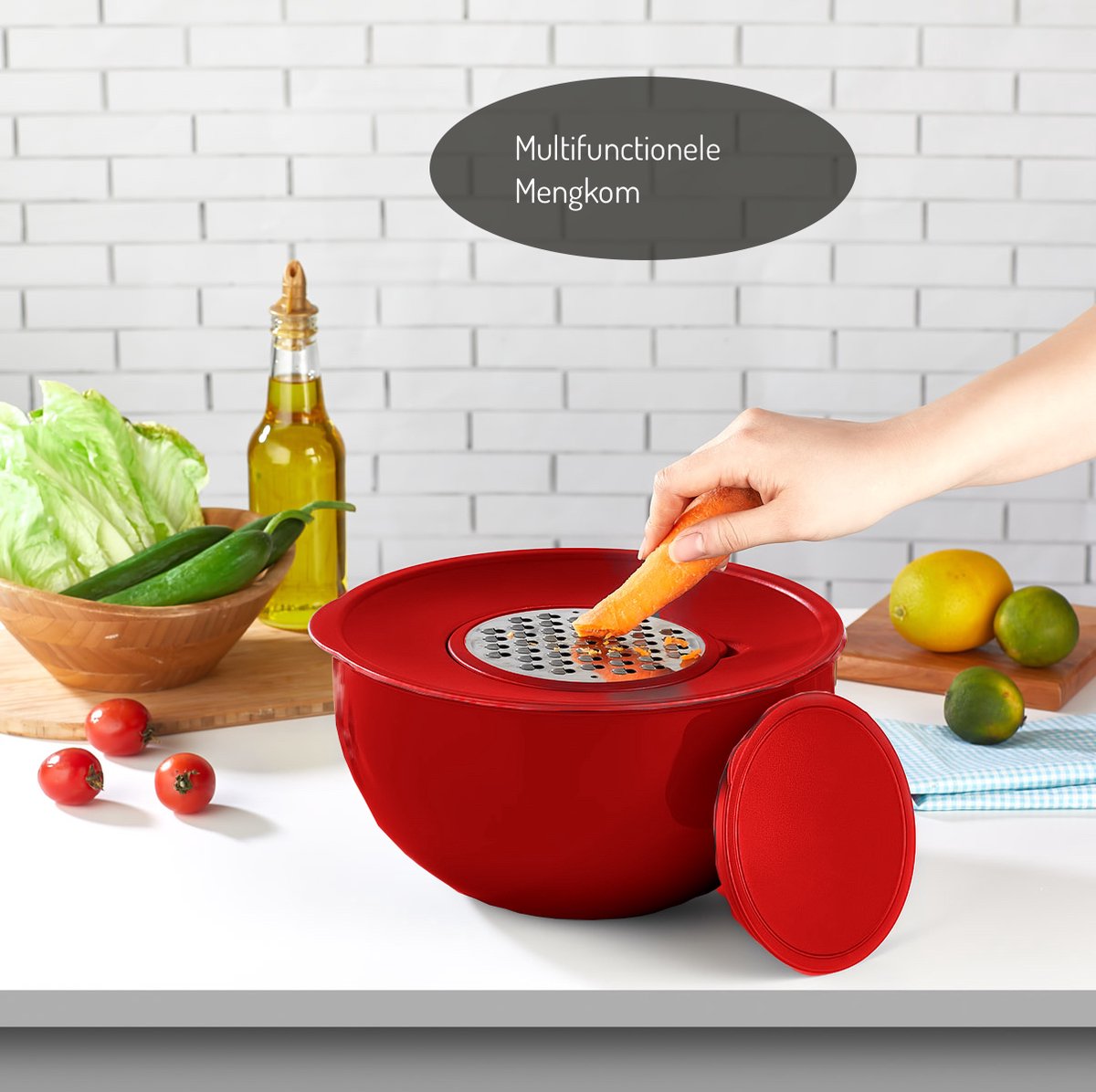 Tobeyz 2-in-1 Mixing Bowl Set with Lid & Grater - Premium BPA-Free Plastic Kitchen Essential in Vibrant Red for Efficient Food Prep & Storage
