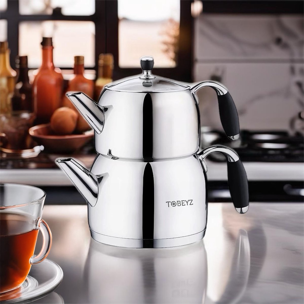 Tobeyz Alara Stainless Steel Teapot - Premium 4L Dual-Chamber Tea Set with Solar Base Technology