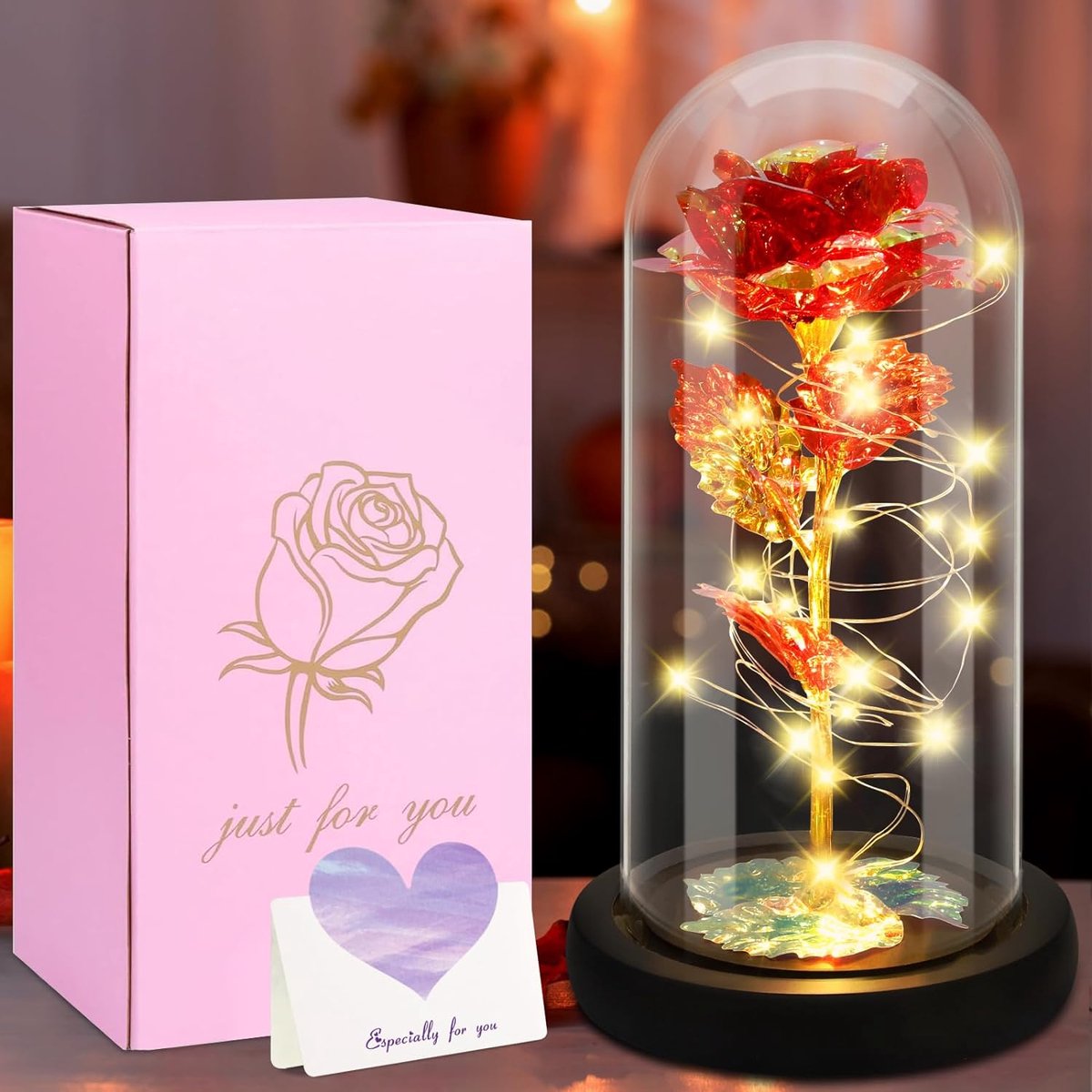 Jamata Eternal Rose LED - Perfect Romantic Gift for Valentine's Day, Mother's Day, Birthday and Christmas Beauty and the Beast Illuminated Rose in Glass Dome Ideal Home Decoration