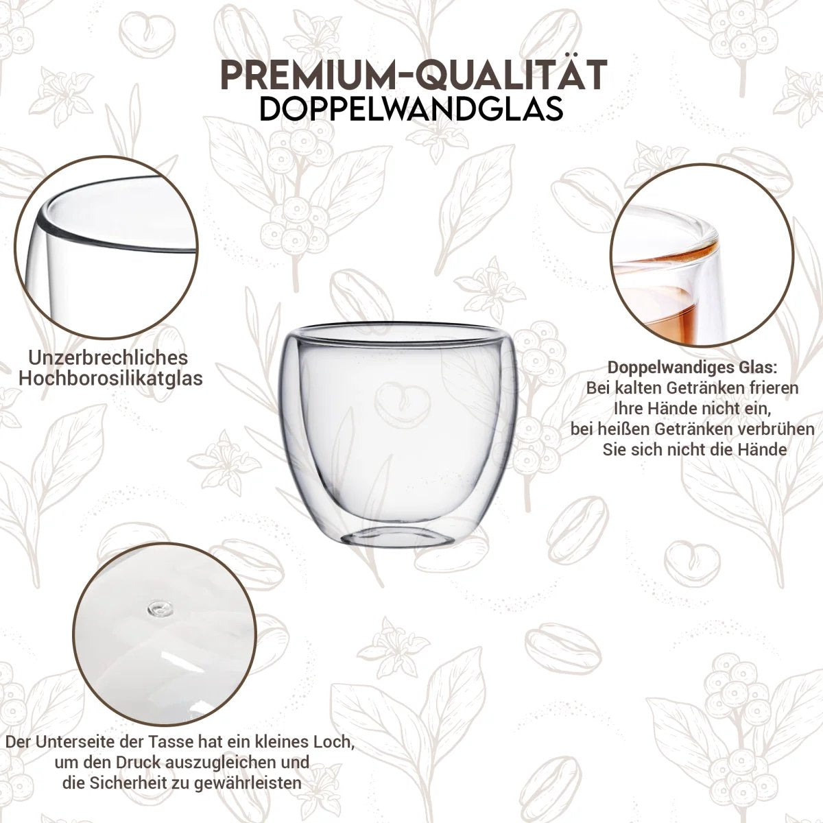 Tobeyz Esmerina Theeglazen 80ml - Premium Double-Walled Glass Espresso Cups - Perfect for Coffee, Tea & Desserts - Set of 6