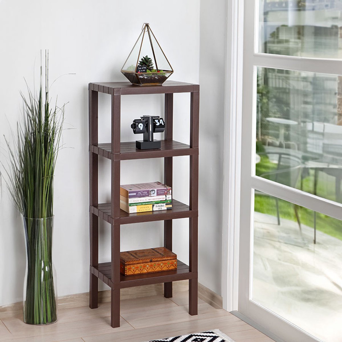 TOBEYZ Premium 4-Tier Standing Storage Rack - Brown Bathroom & Kitchen Organizer Shelf, BPA-Free Multi-Level Storage Solution for Space-Saving Organization