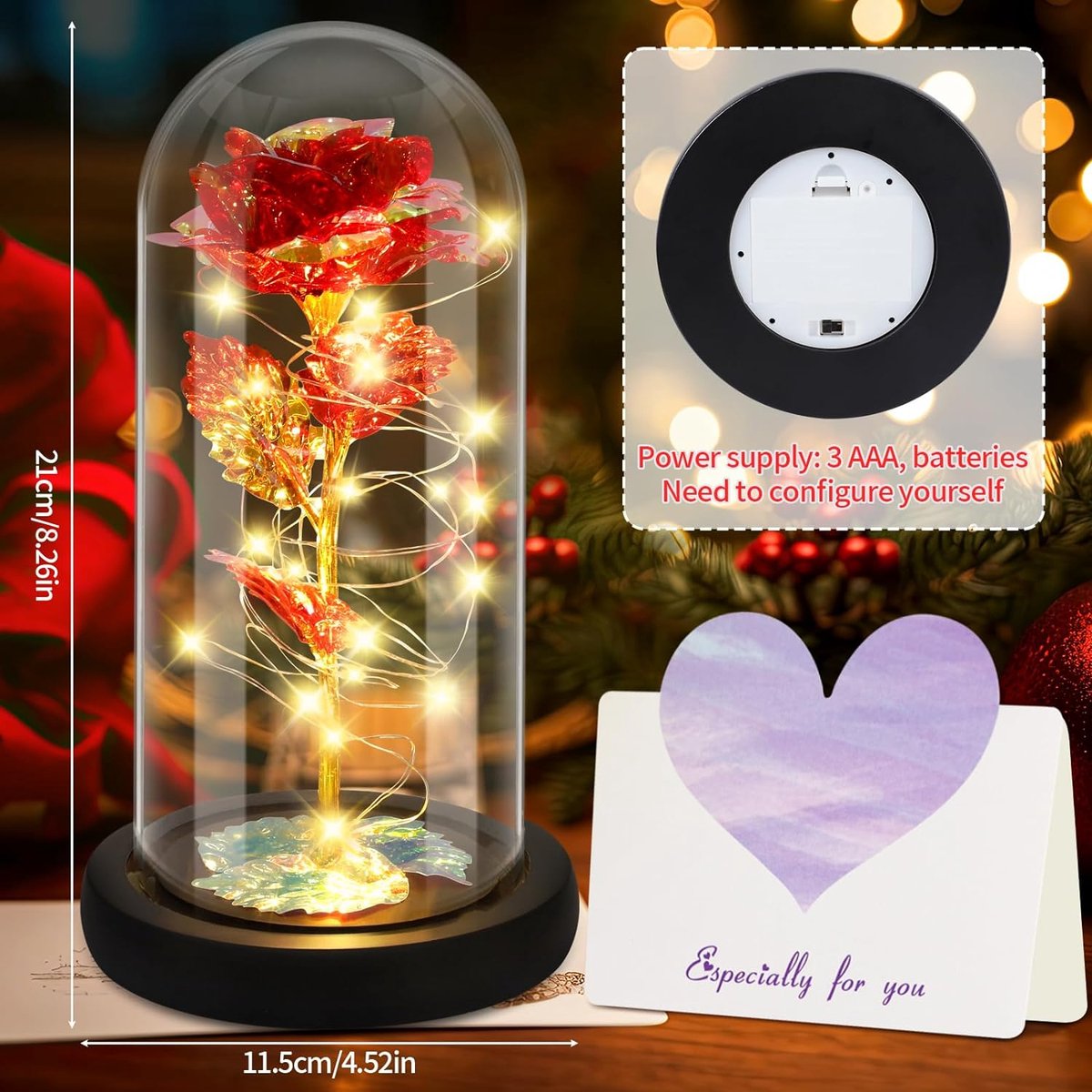 Jamata Eternal Rose LED - Perfect Romantic Gift for Valentine's Day, Mother's Day, Birthday and Christmas Beauty and the Beast Illuminated Rose in Glass Dome Ideal Home Decoration