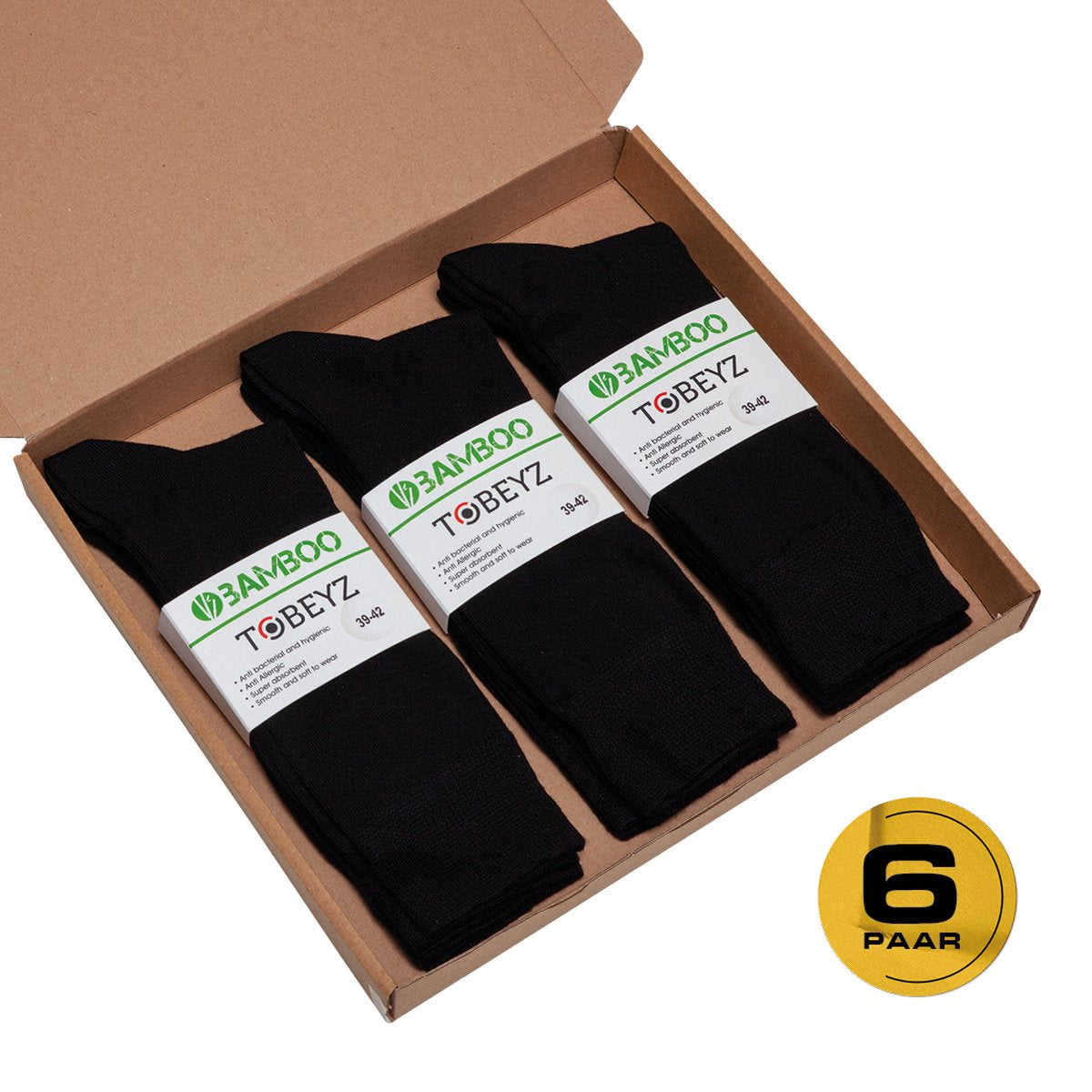 Premium High-Quality Bamboo Socks - 6 Pairs Black, 84% Bamboo Fiber, Size 39-42, Seamless Unisex Design for Ultimate Comfort & Moisture-Wicking Performance
