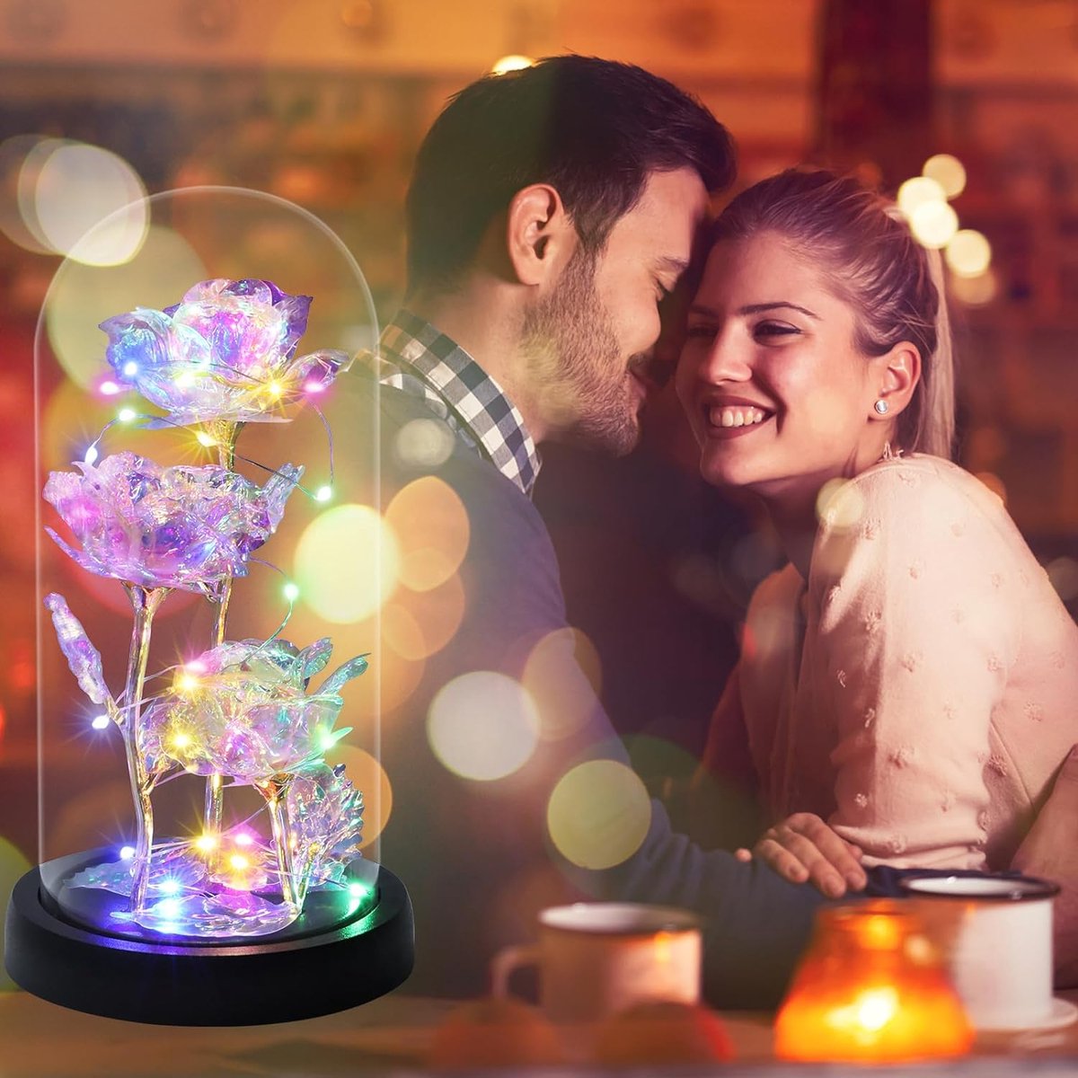 Eternal Galaxy Rose Under Glass Dome with LED Lights - Enchanting Forever Flower Gift for Women, Mother, Grandmother - Perfect for Birthday, Wedding, Christmas