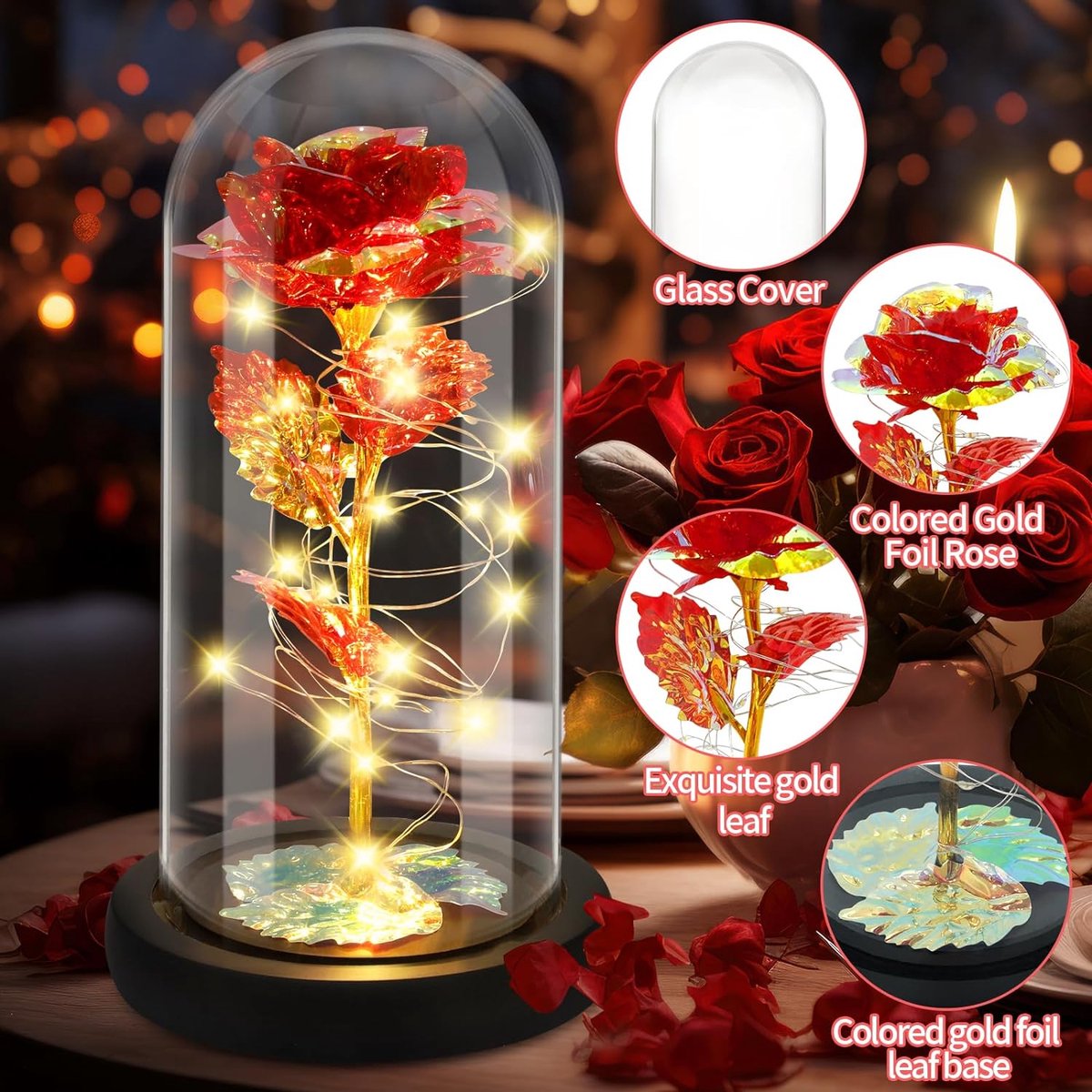 Jamata Eternal Rose LED - Perfect Romantic Gift for Valentine's Day, Mother's Day, Birthday and Christmas Beauty and the Beast Illuminated Rose in Glass Dome Ideal Home Decoration