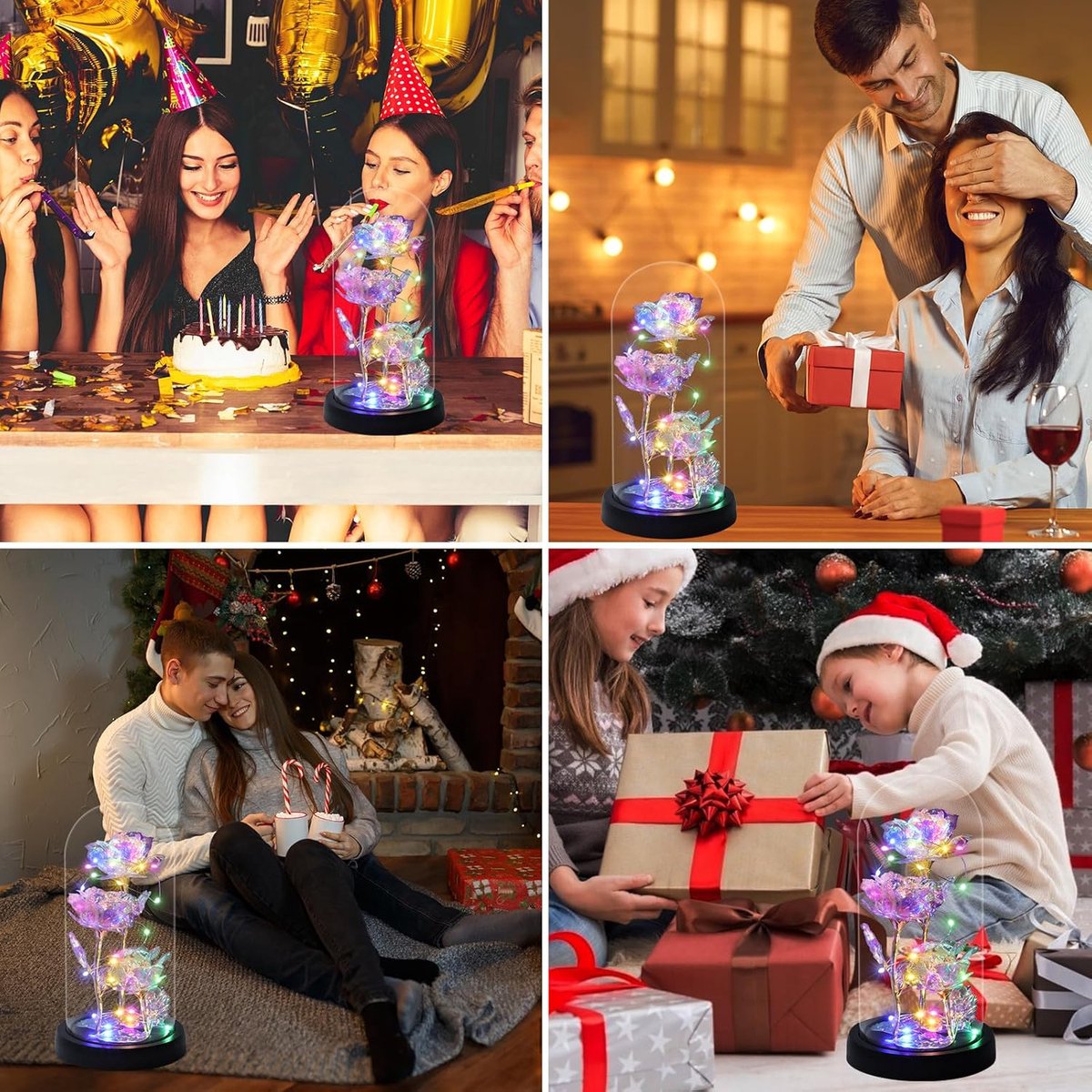 Eternal Galaxy Rose Under Glass Dome with LED Lights - Enchanting Forever Flower Gift for Women, Mother, Grandmother - Perfect for Birthday, Wedding, Christmas