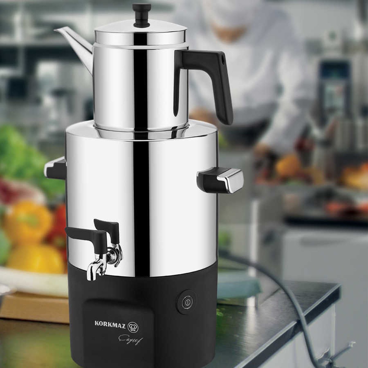 Korkmaz Caysef Inox Electric Turkish Tea Pot - Professional Samovar for Offices & Workplace Kitchens - Serves 35 Glasses of Perfect Traditional Tea