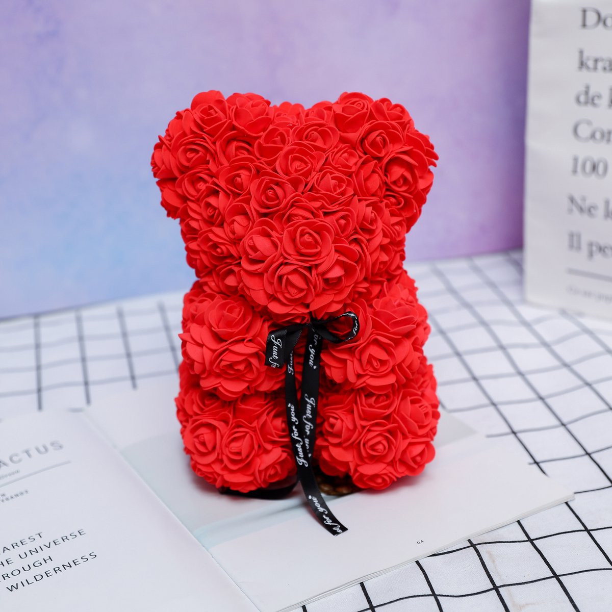 Premium Zeymem Light Red Rose Bear 25cm - Romantic Artificial Flower Teddy Bear with Luxury Gift Box for Valentine's Day, Mother's Day & Special Occasions