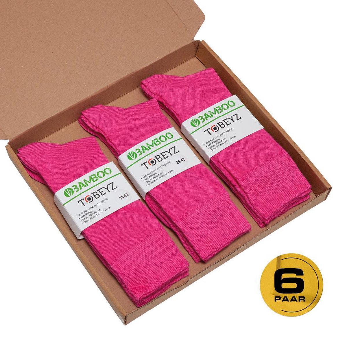 Tobeyz Premium Bamboo Socks 6 Pairs Pink Color Bamboo 80% Size 39-42 Ladies and Gentlemen Seamless Comfort