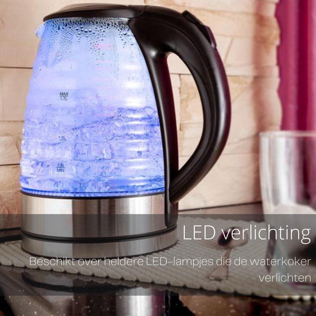 Yiltex Electric Kettle 1.7 Liter Glass Stainless Steel LED Lighting Water Kettles Black