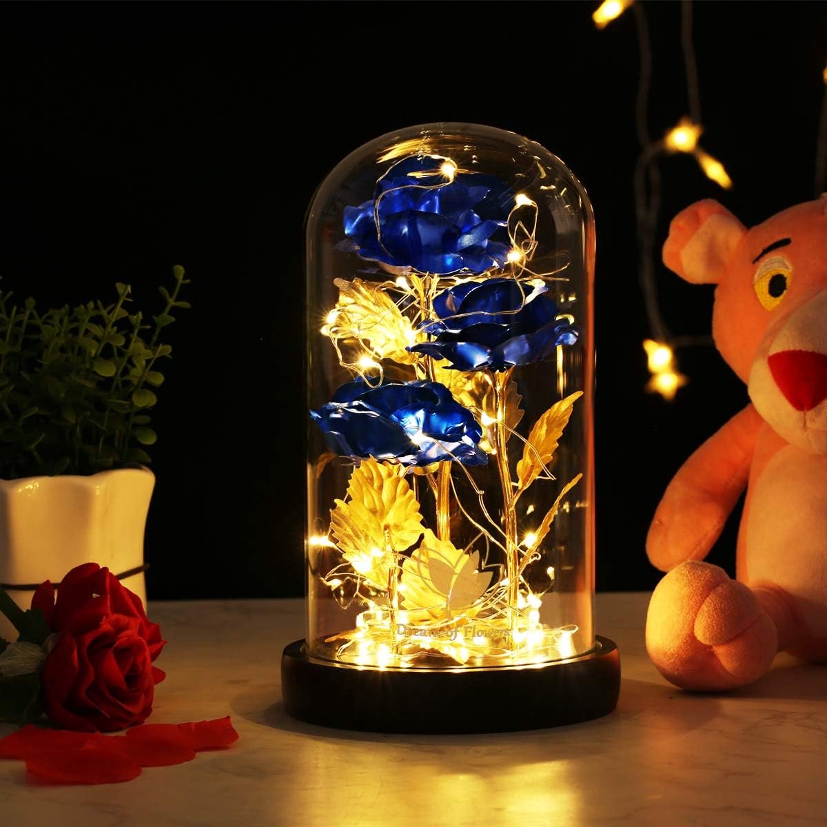 Galaxy Rose Lamp Blue with Colorful LED Rose Flowers in Glass Dome - Battery Powered Romantic Gift