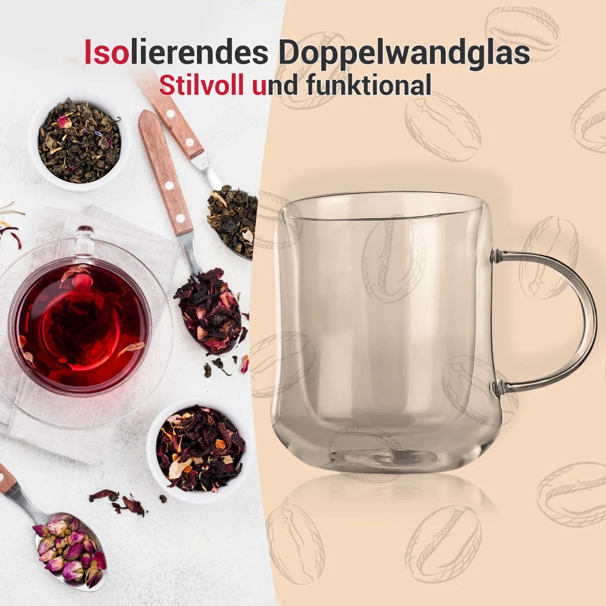 Tobeyz Esmerina Theeglazen 300ml - Premium Double-Walled Glass Tea Cups with Handle for Hot & Cold Beverages - Set of 6