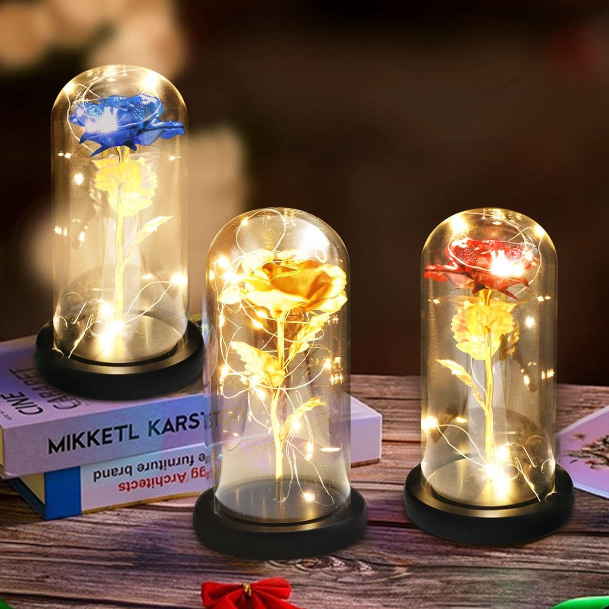 Gold Eternal Rose in Glass Dome - LED Light Valentine's Day Gift