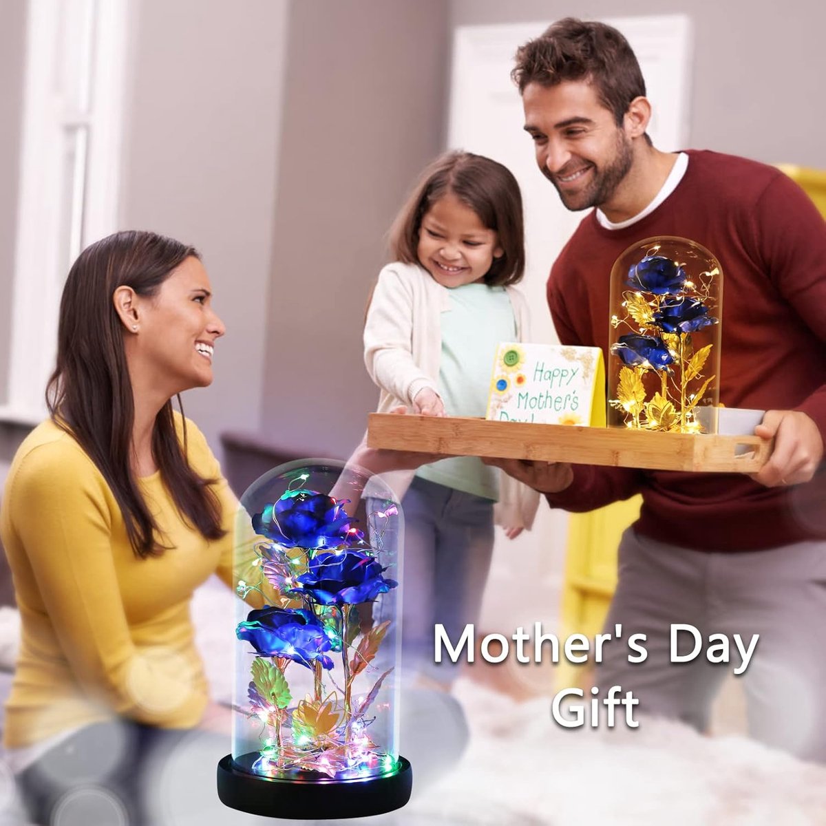 Galaxy Rose Lamp Blue with Colorful LED Rose Flowers in Glass Dome - Battery Powered Romantic Gift