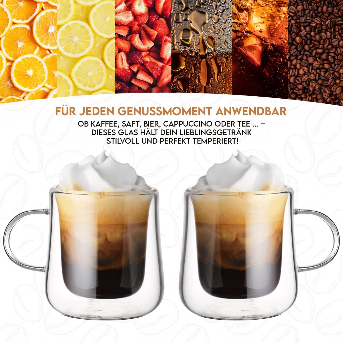 Tobeyz Esmerina Theeglazen 300ml - Premium Double-Walled Glass Tea Cups with Handle for Hot & Cold Beverages - Set of 6