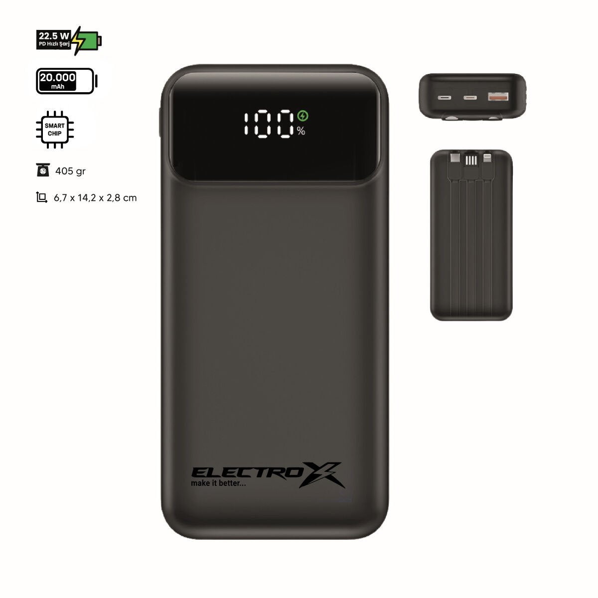 ElectroX PowerBank 20000 mAh 22.5W Fast Charge USB-A USB-C Universal Portable Charger Black