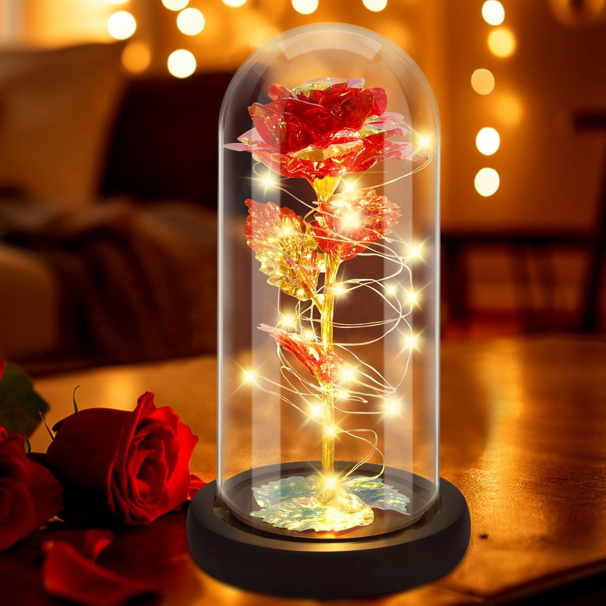 Gold & Red Eternal Rose in Glass - LED Beauty & Beast Valentine's Gift