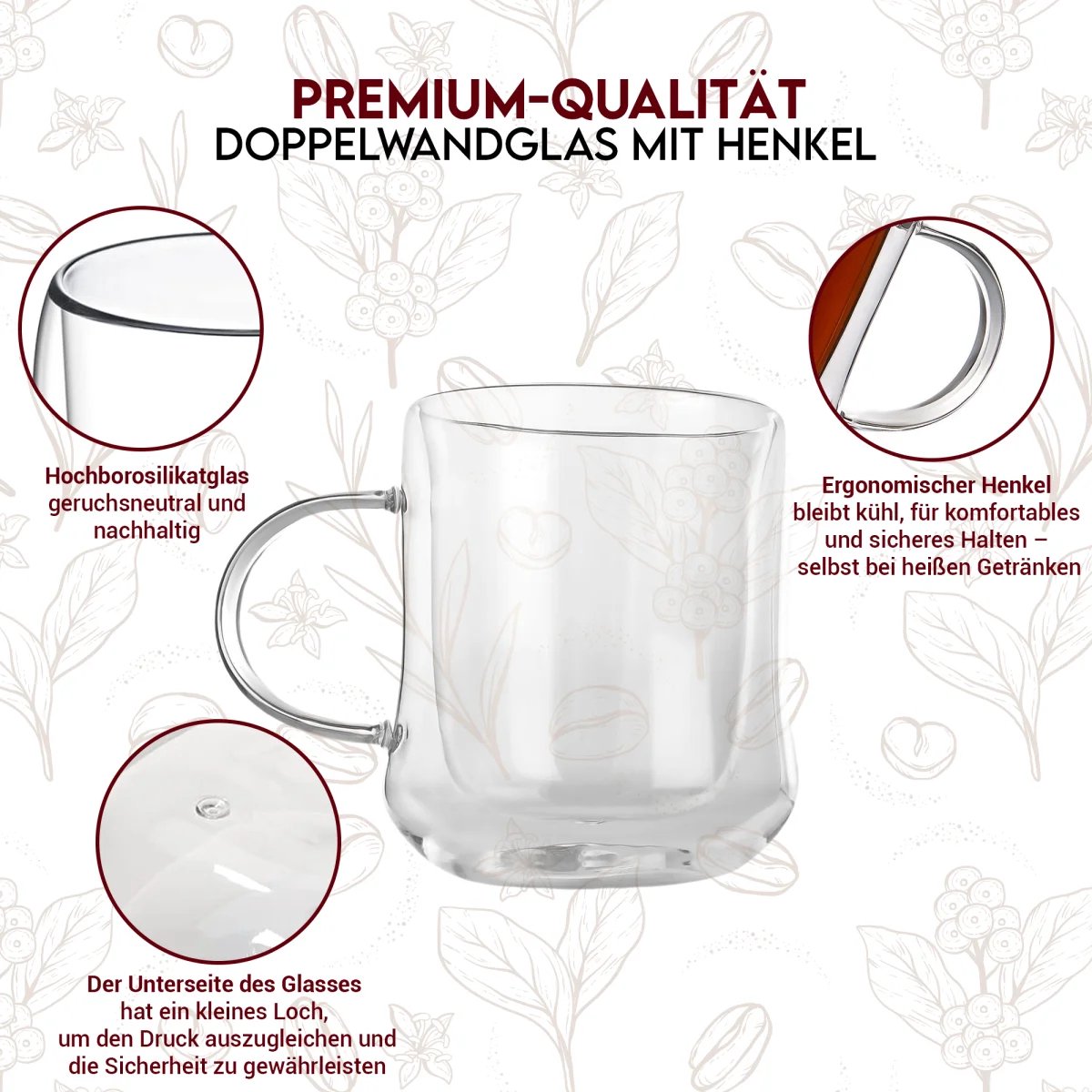 Tobeyz Esmerina Theeglazen 300ml - Premium Double-Walled Glass Tea Cups with Handle for Hot & Cold Beverages - Set of 6