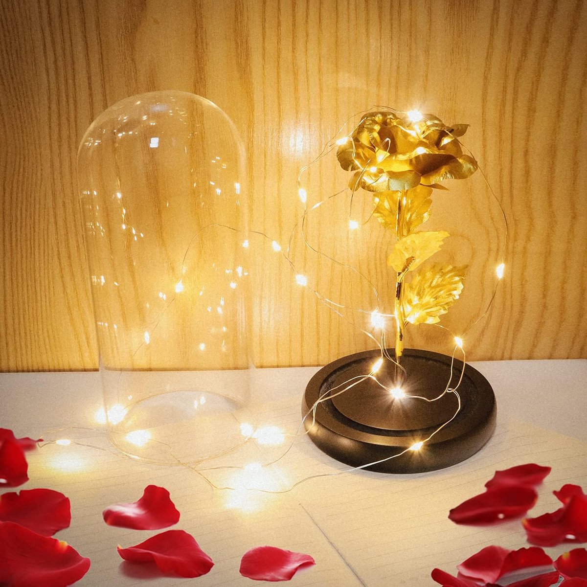 Gold Eternal Rose in Glass Dome - LED Light Valentine's Day Gift