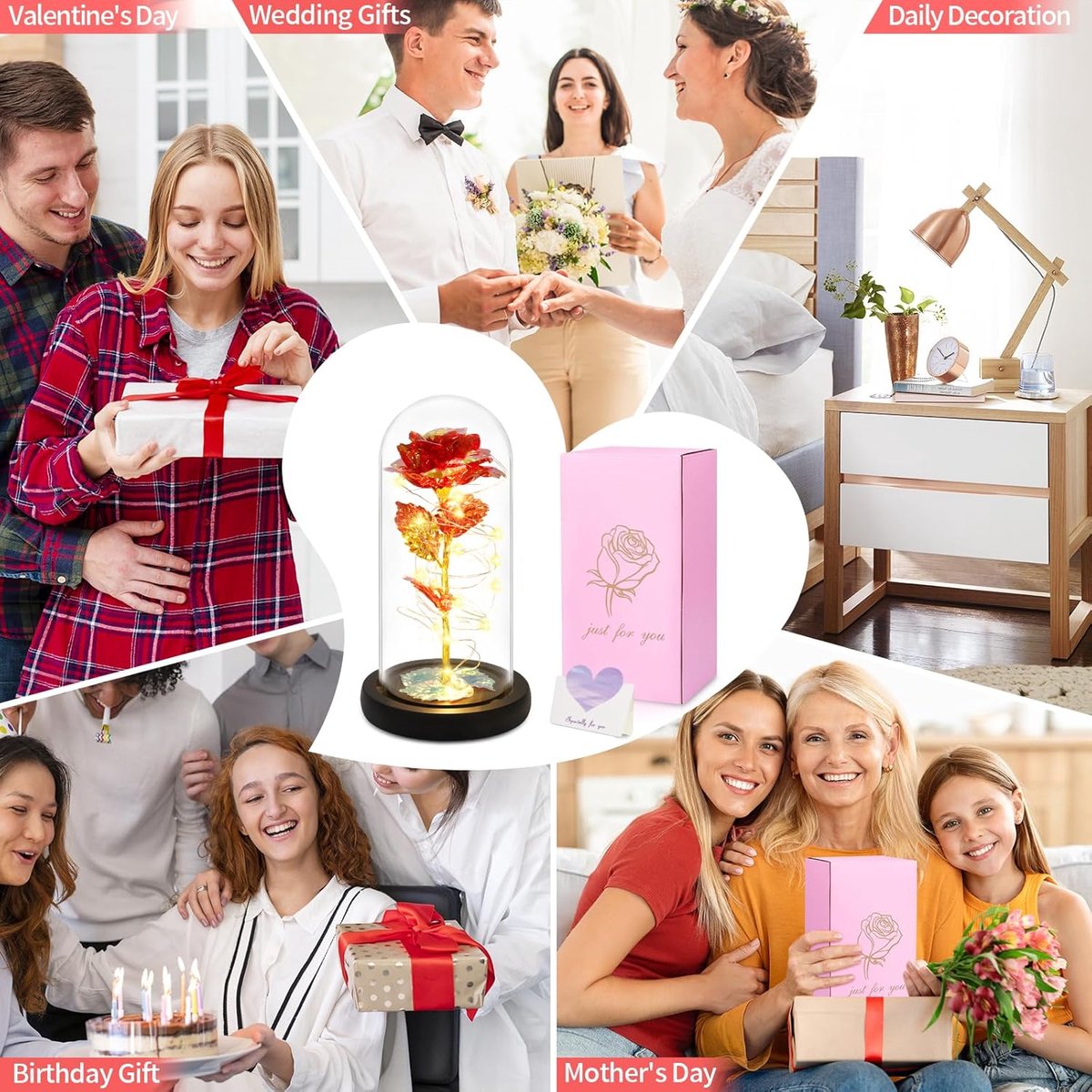 Gold & Red Eternal Rose in Glass - LED Beauty & Beast Valentine's Gift