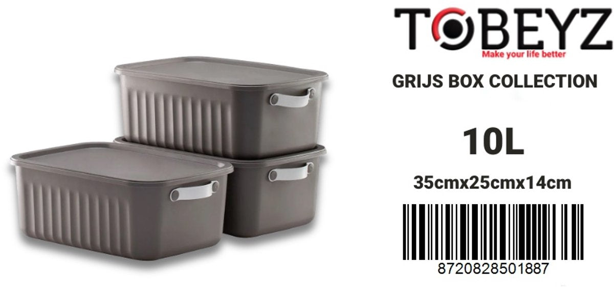 Tobeyz 3-Pack 10L Multi-Purpose Organizer Boxes with Lids - Grey Decorative Storage Containers