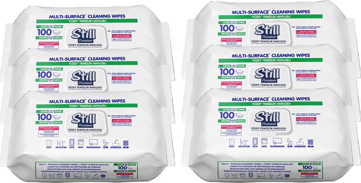 Still Premium Easy Clean Wipes 6-Pack - 600 Extra Large Multi-Purpose Cleaning Wipes with Fresh White Soap Scent for Efficient Streak-Free Cleaning