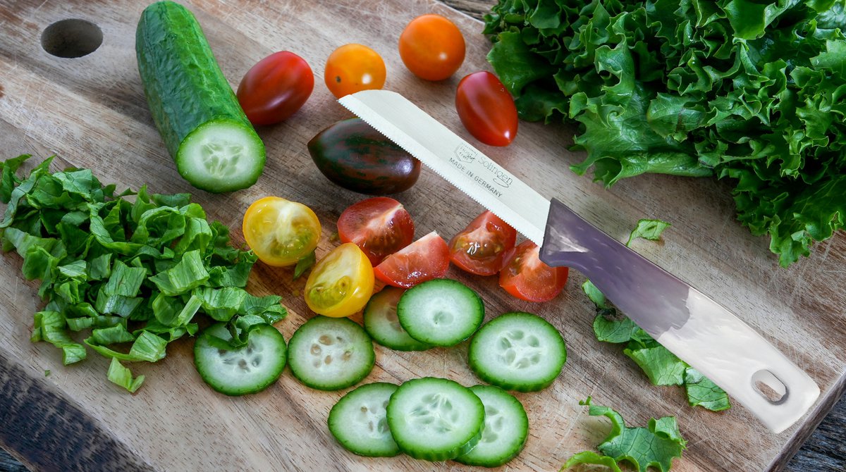 Solingen Premium Serrated Knife Set 6-Pack - Professional German Vegetable & Tomato Knives with Protective Blade Covers and Ergonomic Blue Handles for Precise Cutting Performance