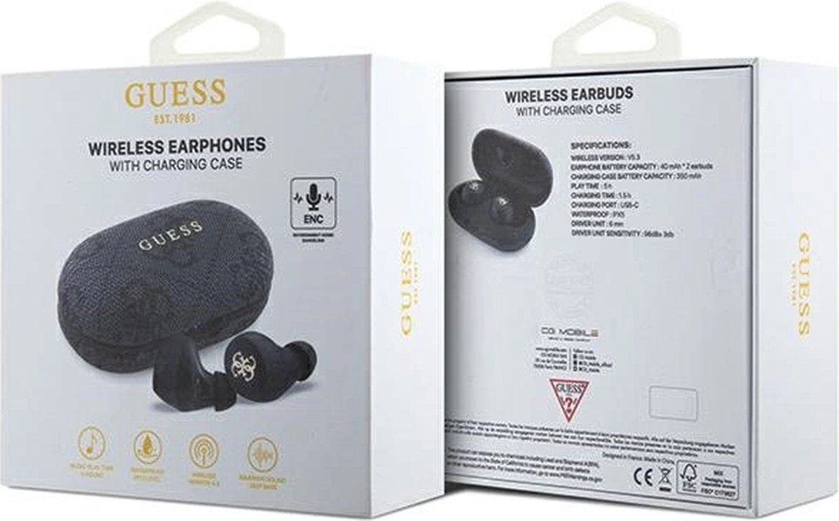 Guess True Wireless 4G Metal Bluetooth In-Ear Earbuds - Premium Designer Audio with Charging Case, Touch Controls & Long Battery Life in Sleek Black