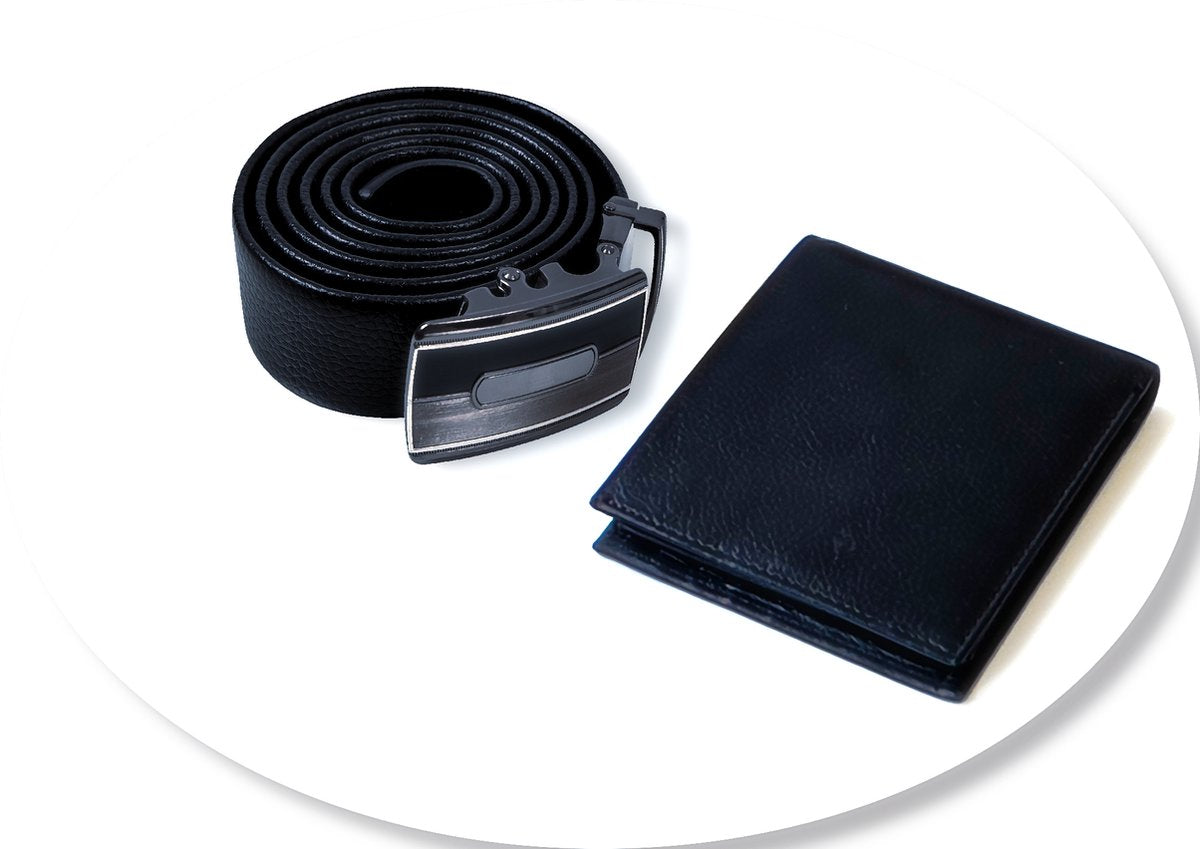 Premium Men's Leather Gift Set - Black Genuine Leather Wallet & Belt in Elegant Dark Brown Gift Box - Perfect Gift for Father's Day, Birthdays & Special Occasions