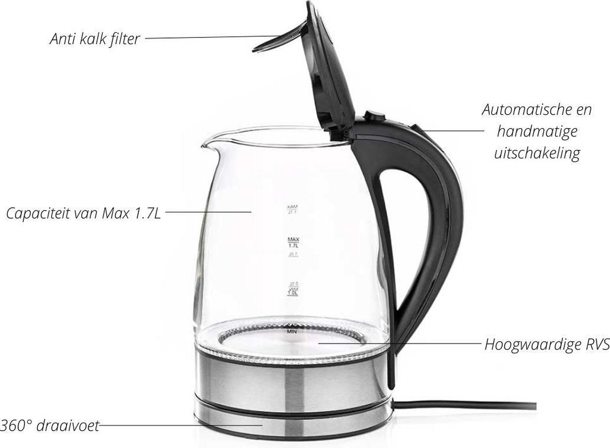 Yiltex Electric Kettle 1.7 Liter Glass Stainless Steel LED Lighting Water Kettles Black