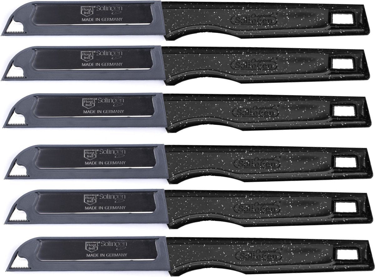 SOLINGEN Premium Serrated Knife Set 6-Piece - German Steel Tomato Knives 18.5cm with Blade Covers Black Glitter
