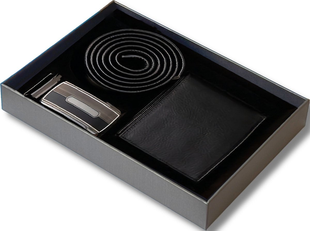 Premium Men's Leather Gift Set - Black Genuine Leather Wallet & Belt in Elegant Dark Brown Gift Box - Perfect Gift for Father's Day, Birthdays & Special Occasions
