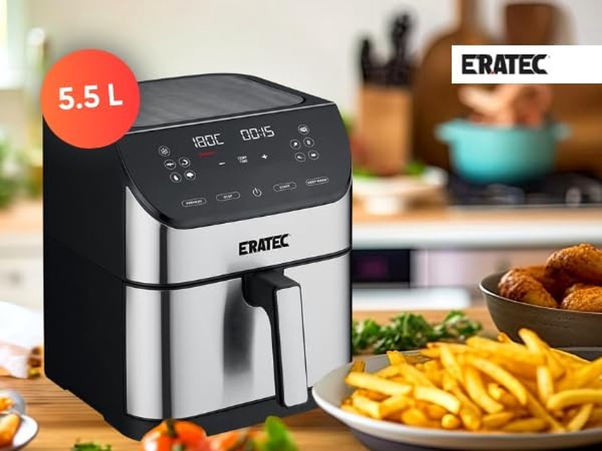 ERATEC AF-60 Air Fryer XXL 5.5L 1500W Oil-Free LED Touchscreen 10 Programs Stainless Steel Black