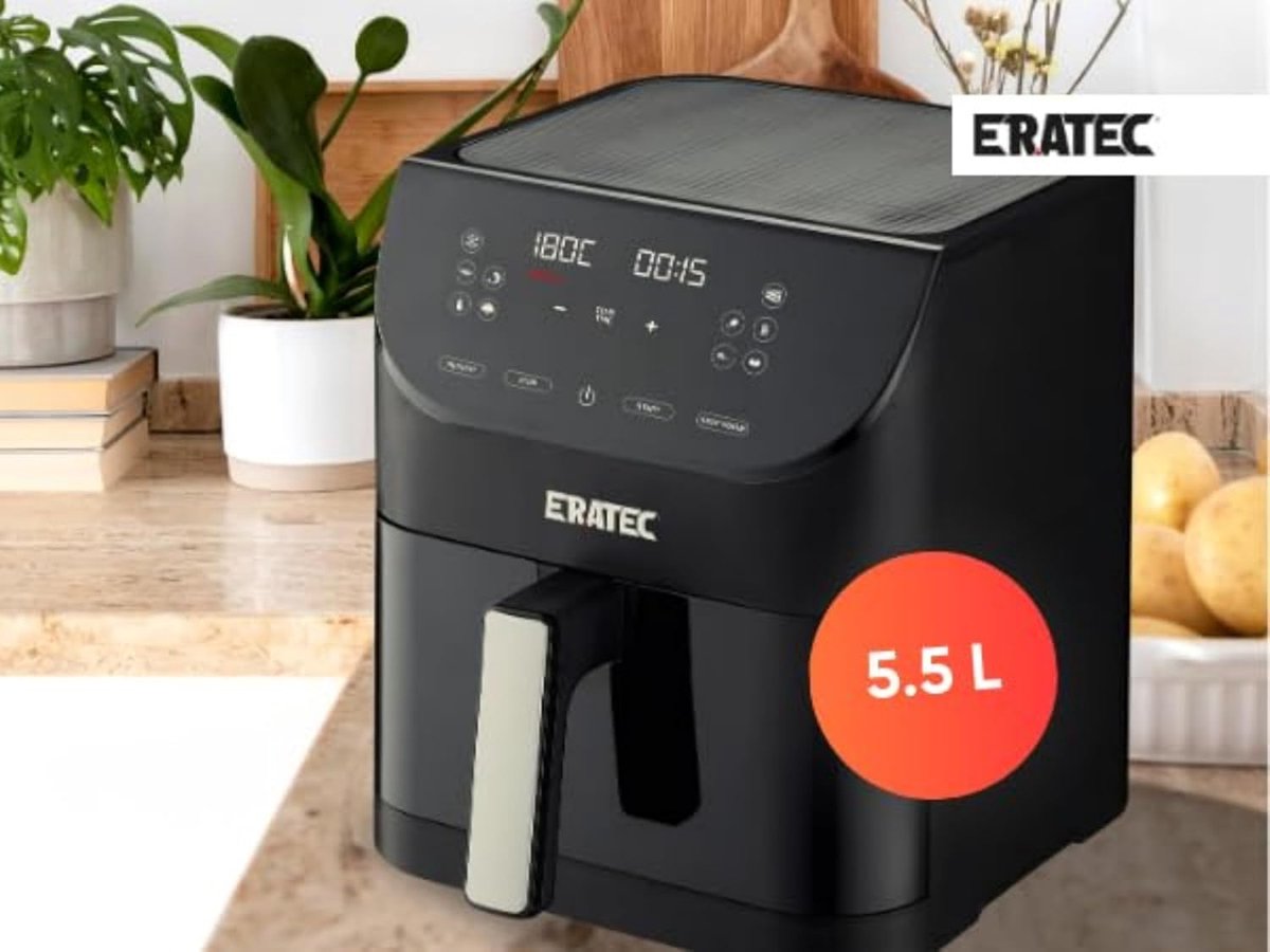 Eratec Premium Air Fryer 5.5L - Advanced Hot Air Technology with 75% Less Fat, Odorless Cooking, and Digital Touch Control for Healthier Delicious Meals and Family-Sized Cooking Solutions
