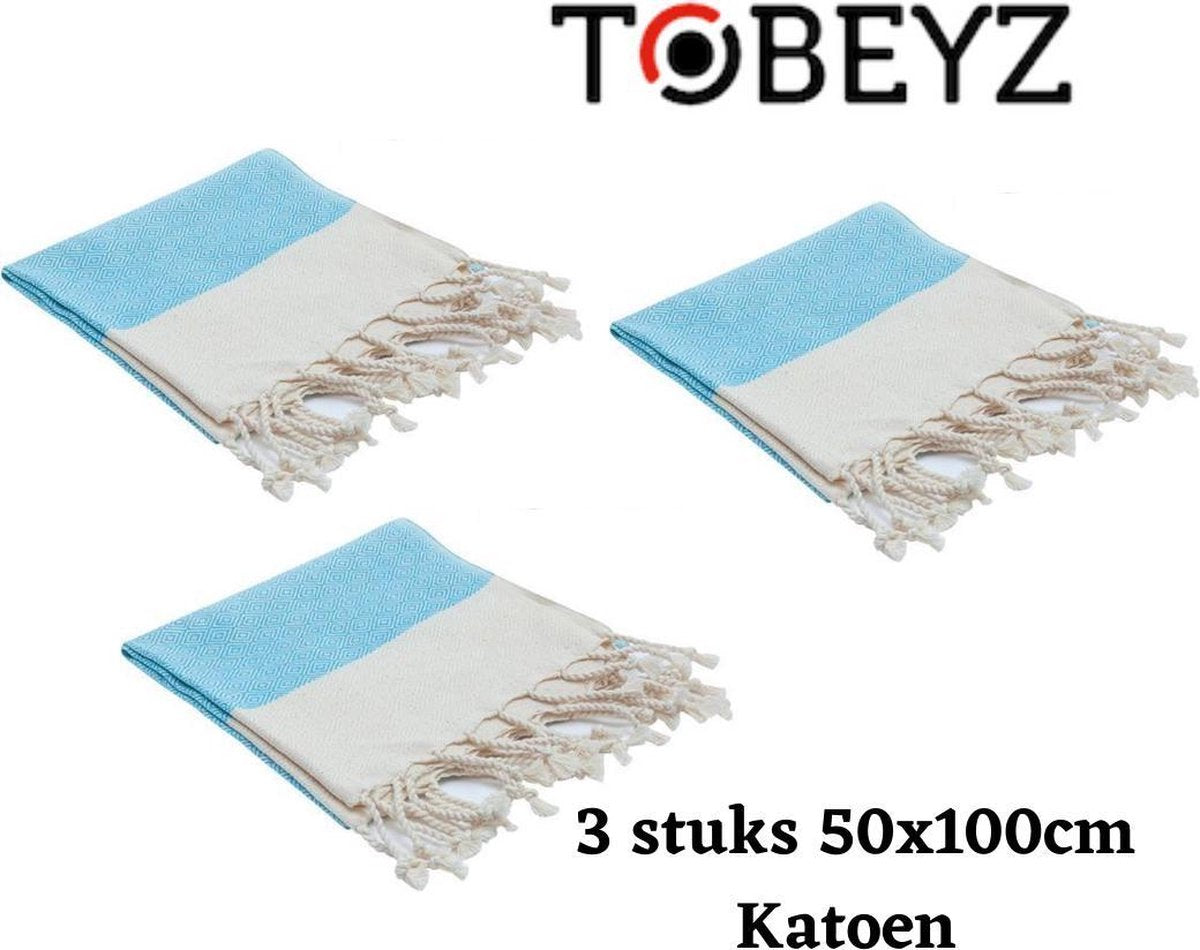 Premium 3-Pack Tobeyz Blue Towels - 100% Cotton 50x100cm Hammam Spa Sauna Towels Set