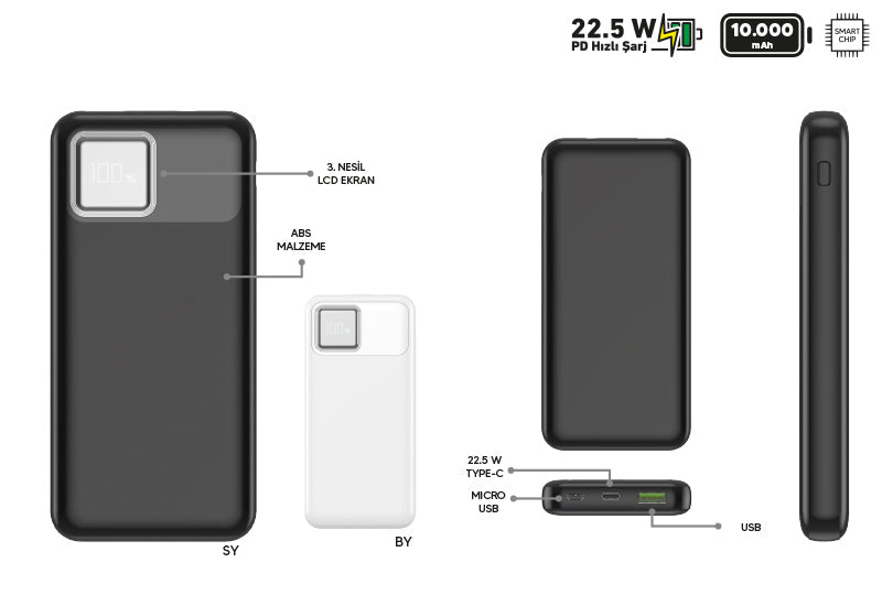 10,000mAh Compact Power Bank 22.5W Fast Charging - LCD Display Black & White